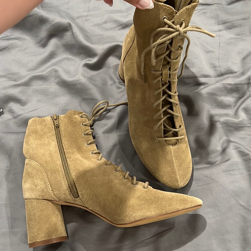 - Tan leather ankle boots